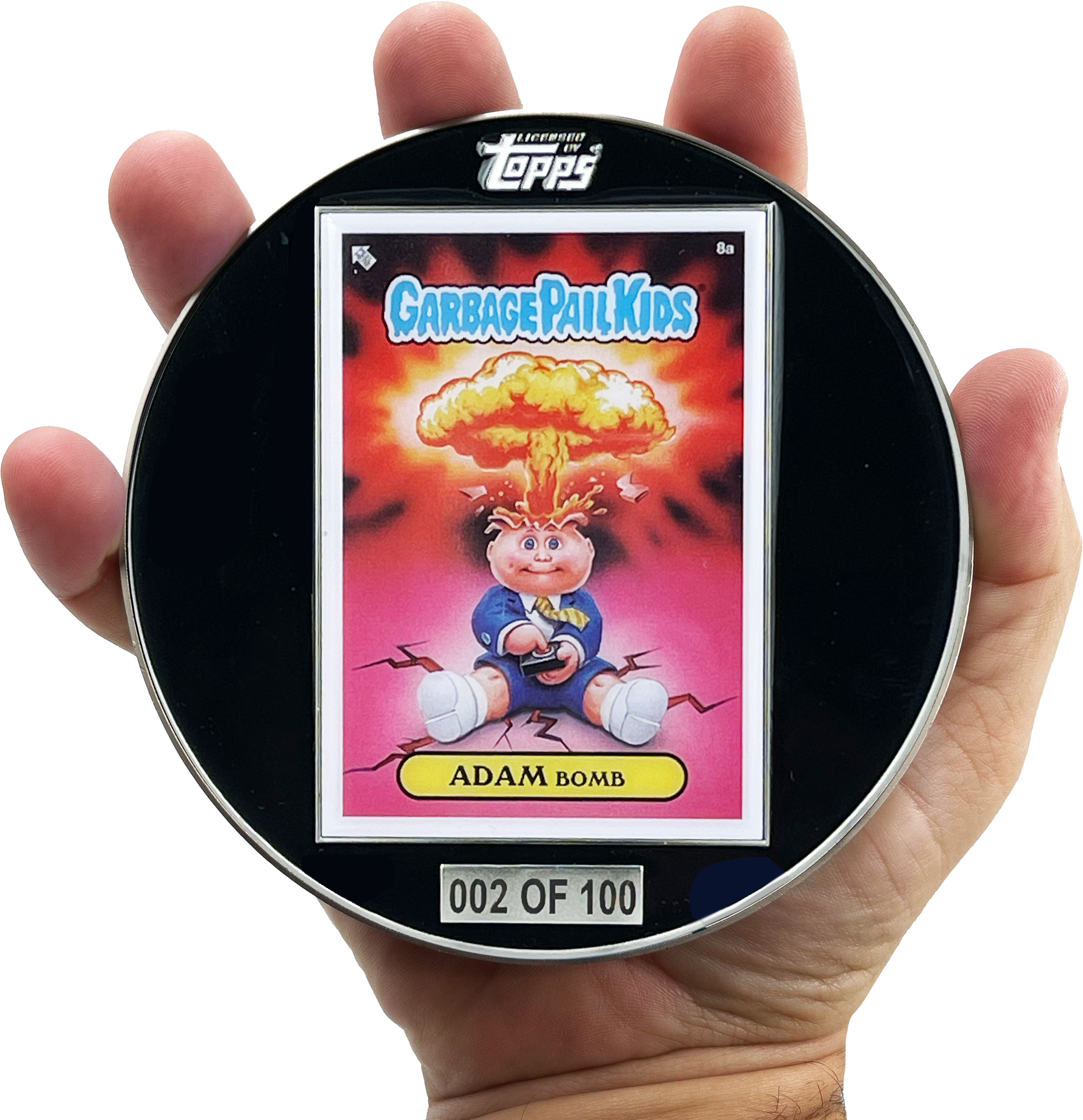 GPK-CC-002 Large 4.75 inch GPK Adam Bomb Officially Licensed Topps Garbage Pail Kids Challenge Coin with inset card